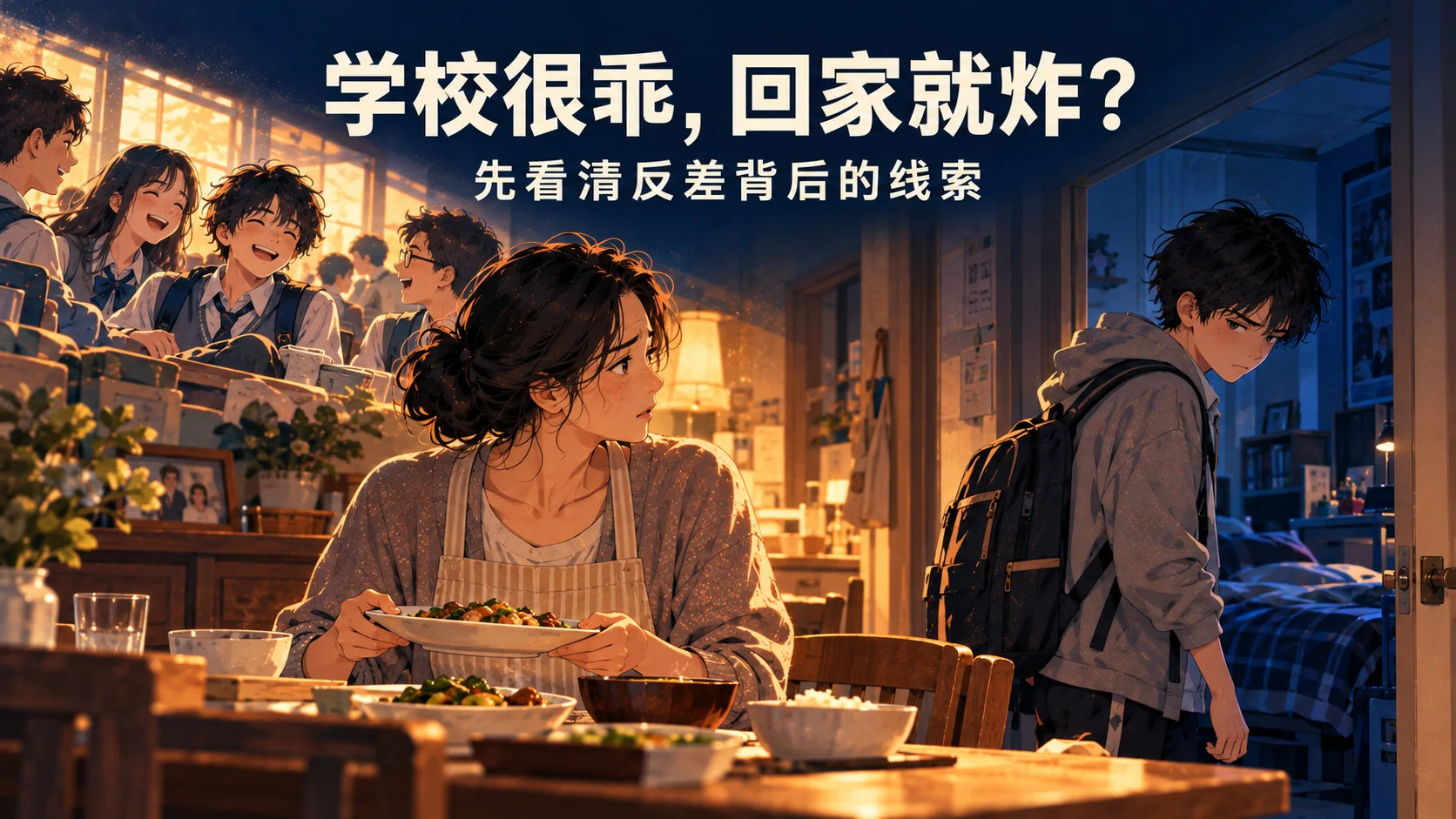 学校里笑着和同学交谈的孩子，与回家后低头走进房间的孩子