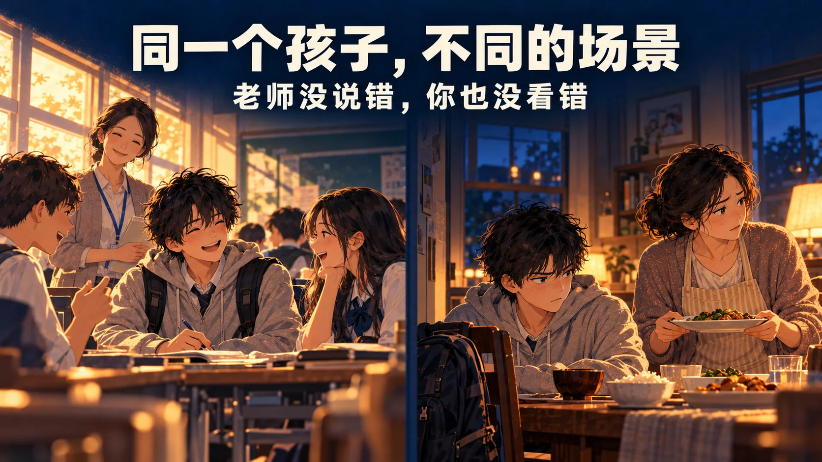 同一个孩子在学校与家里的两种状态：课堂上笑着和同学交谈，晚上回到家低头坐在餐桌旁