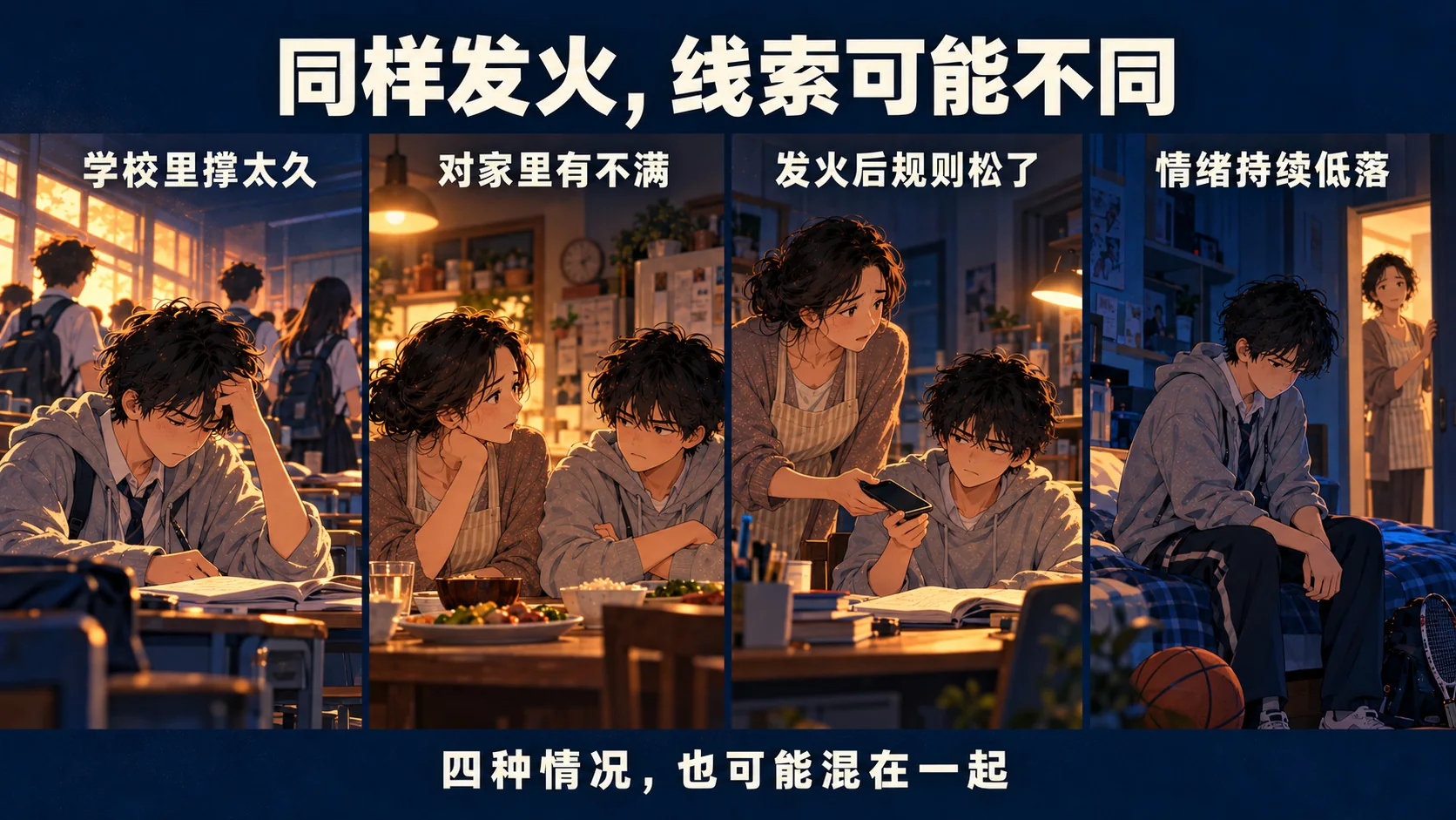 四格对照：学校里撑太久、对家里有不满、发火后规则松了、情绪持续低落