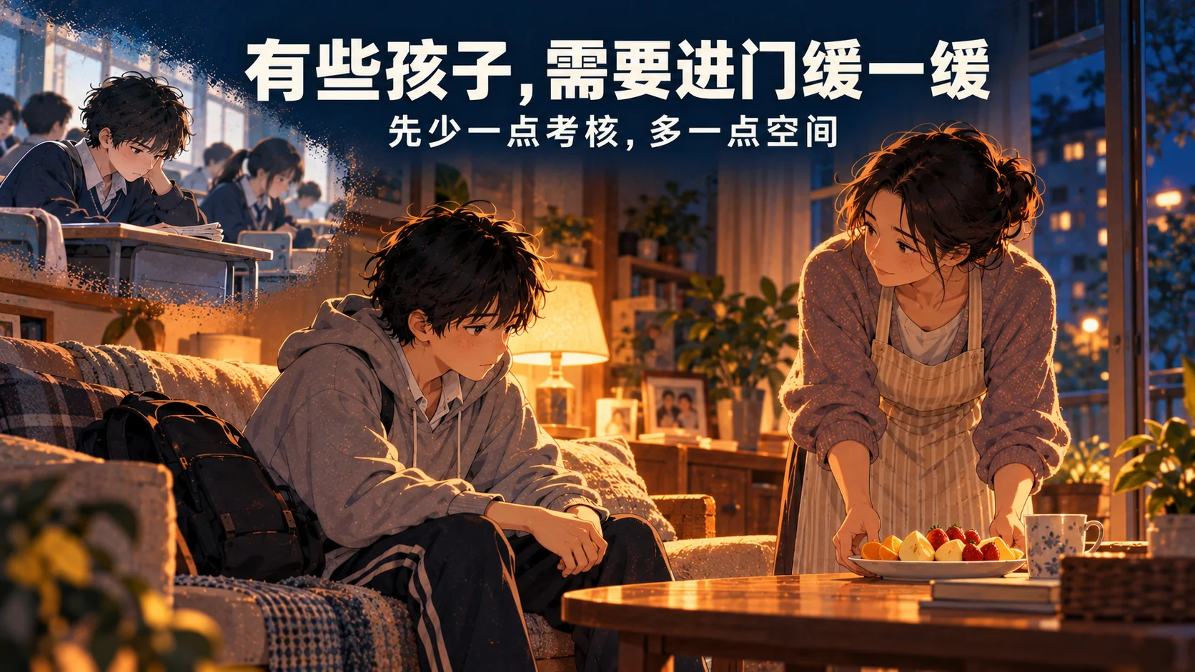 孩子坐在沙发上放空，母亲在一旁端来水果，没有追问