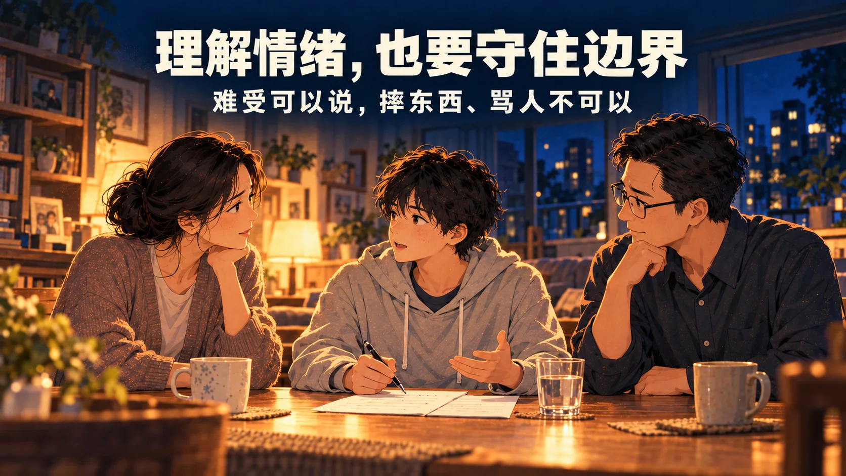 一家人在餐桌旁平静地谈话，桌上放着纸笔