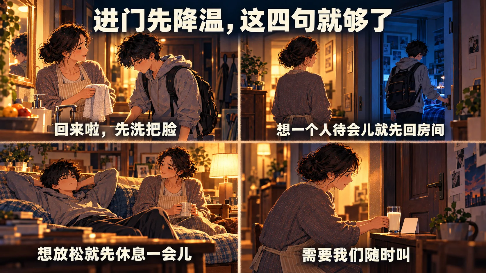 四个进门场景：递毛巾、让孩子回房间、让他躺着休息、把牛奶放在门口