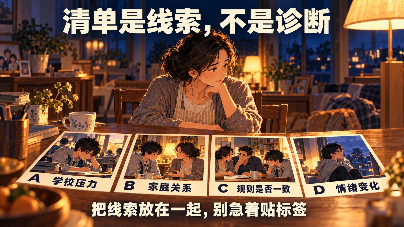 母亲在桌前翻看四张分别标着 A、B、C、D 的照片