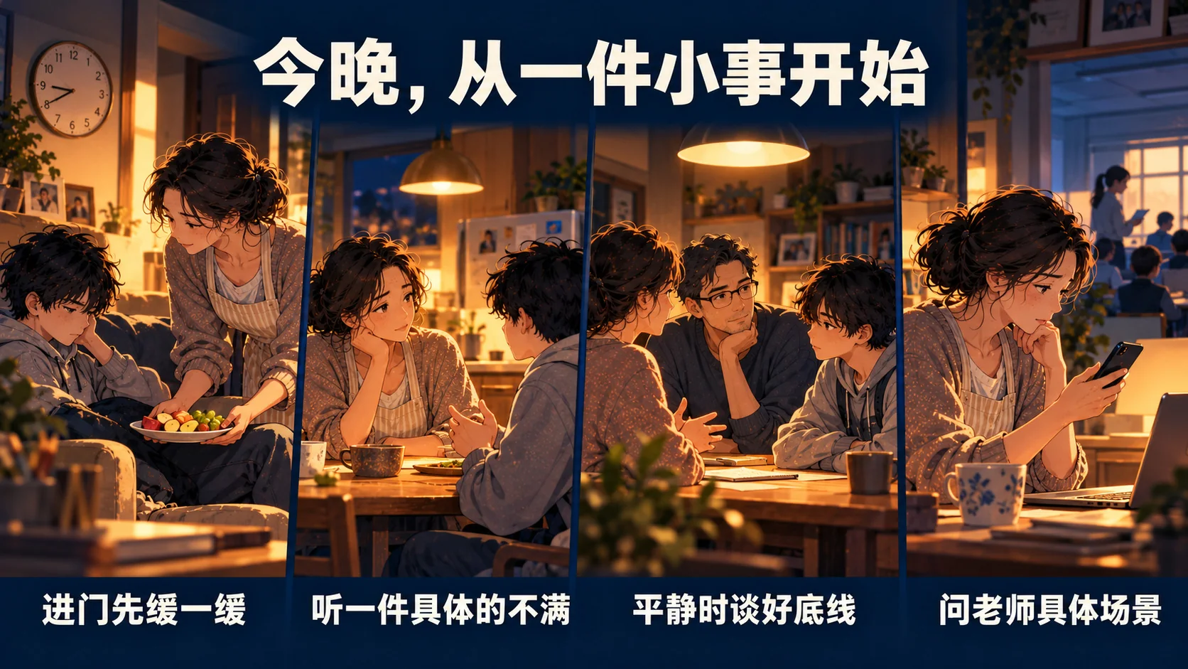 四个具体动作：进门先缓一缓、听一件具体的不满、平静时谈好底线、问老师具体场景