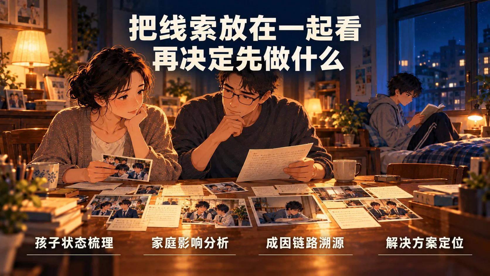 母亲和父亲在桌前把四类线索摊开对照，孩子在远处的房间里看书
